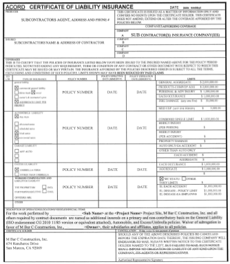 Certificate of Liability